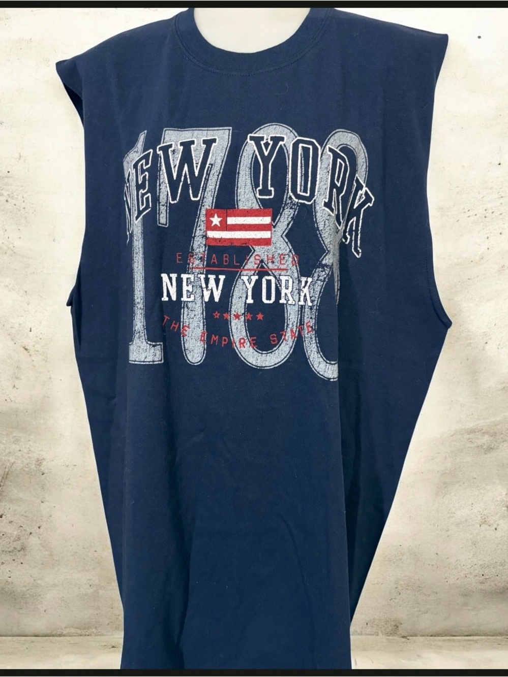Gildan Navy Blue Sleeveless New York Graphic Tee with Red & White Accent